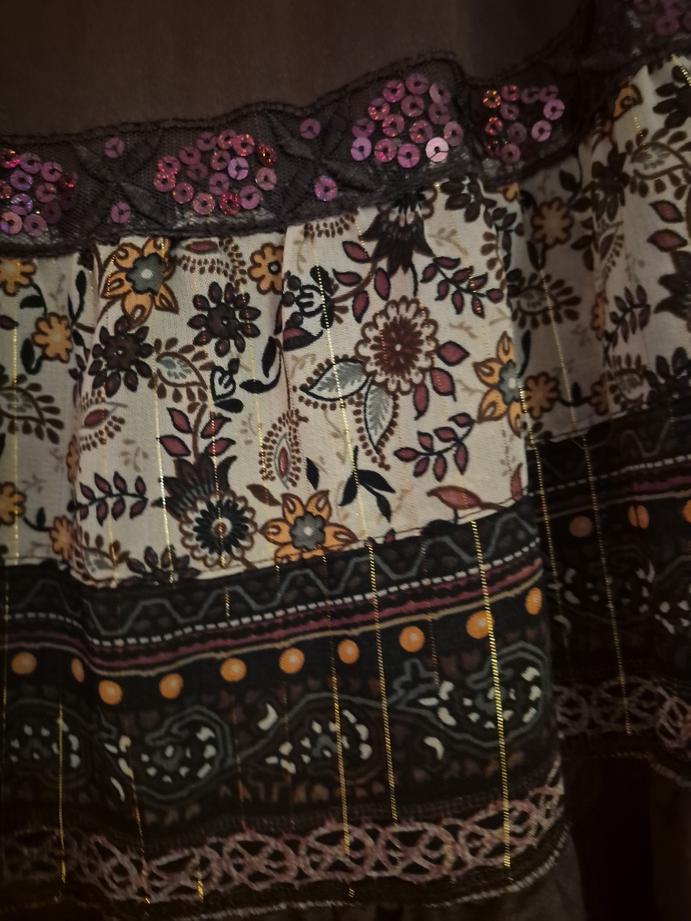 Sweet Lily Elastic Waist Floral Brown Tiered Midi Skirt - Size L - Picture 7 of 12
